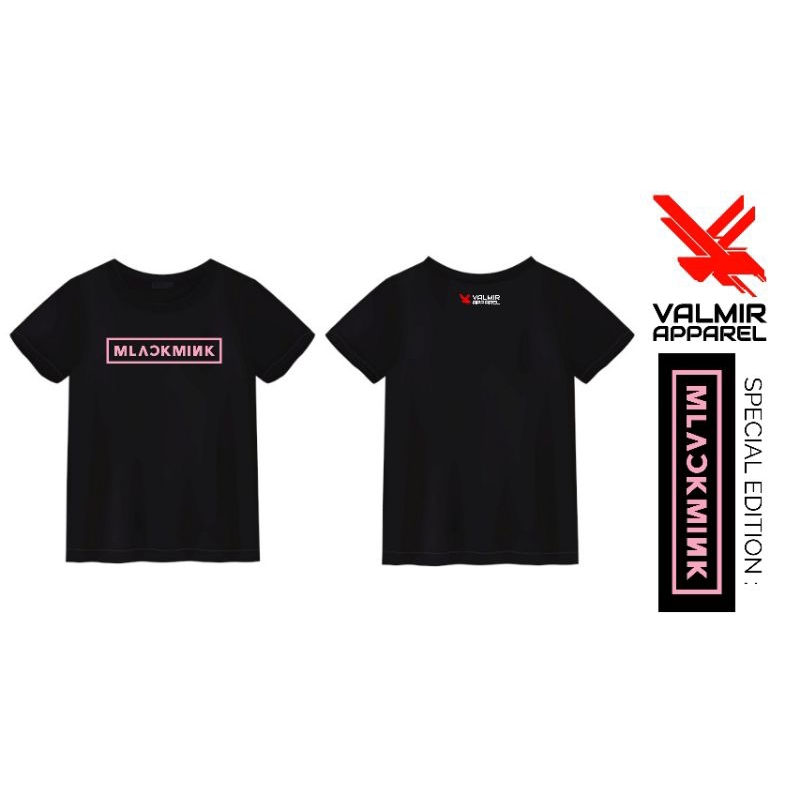 T-Shirt Hitam Valmir Apparel edisi plesetan kata BLACKPINK (MLACKMINK) untuk Pria dan Wanita ukuran 