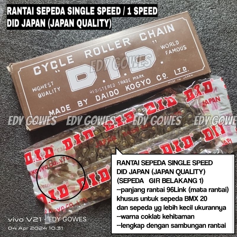 Rantai sepeda single speed DID JAPAN kualitas JEPANG khusus sepeda BMX 20 dan sepeda anak gir belaka