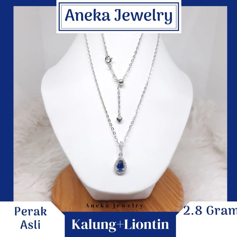 Kalung Nori Serut + Liontin Tetes Air Biru, Perak 925