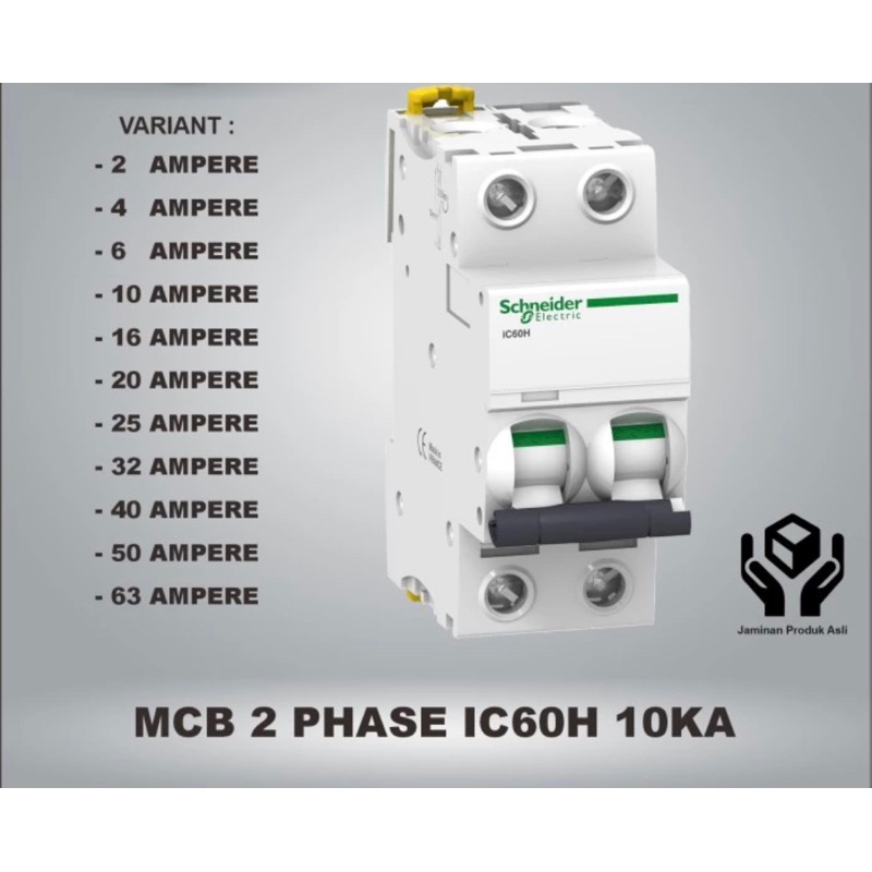 MCB 2 PHASE iC60H 10kA SCHNEIDER 2 POLE 2P - 2AMPERE s.d 63AMPERE ORI