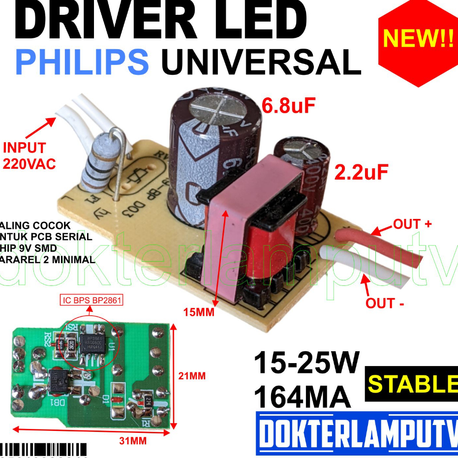 DRIVER LED 220V 6.8UF 164MA IC JUMBO SUPER UNTUK SERVIS LAMPU LED , UNTUK PROYEKTOR LED DIY , PROJEK