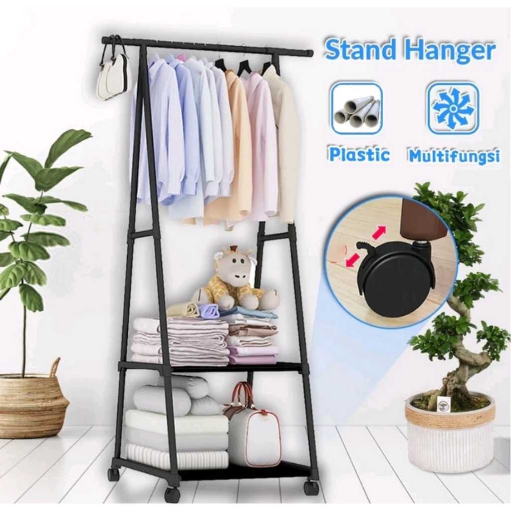 Triangle Stand Rak Hanger Baju Serbaguna dengan Roda Rak Baju