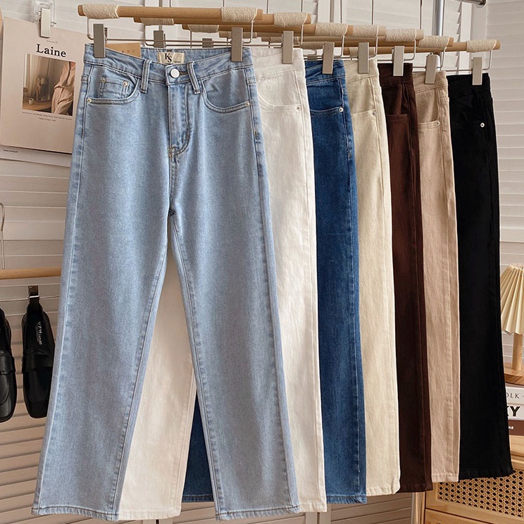 Promo  COD Biru mudaBiru tuaHitamPutihCoklatKhakiKrem Premium highwaist longgar celana jeans panjang
