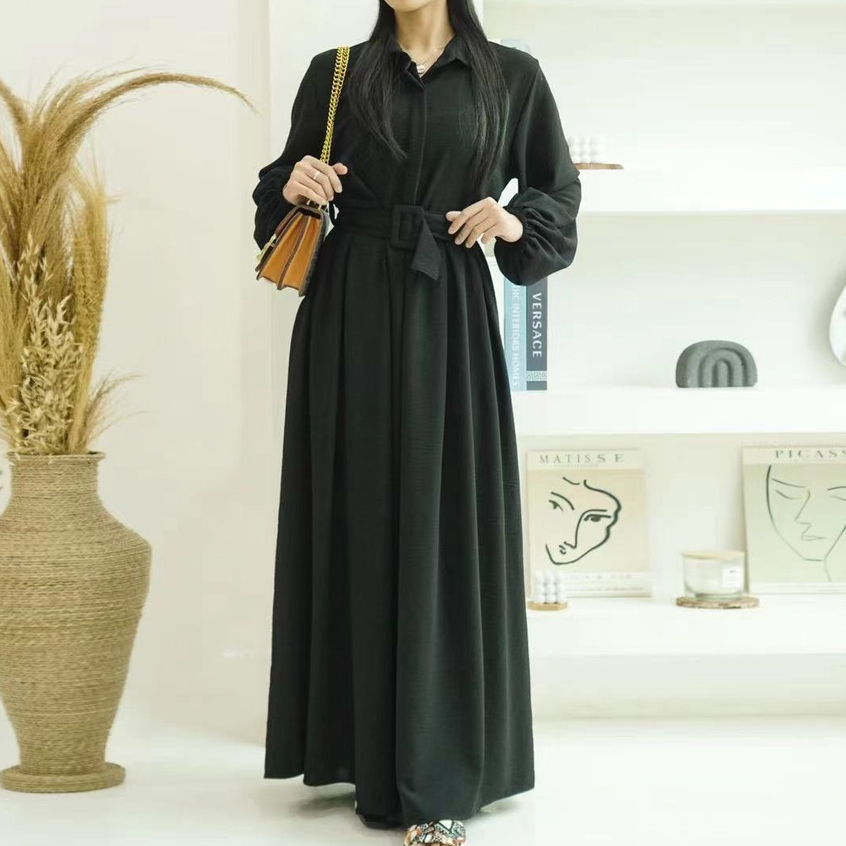 GDTIMA Long Sleeve Belt Dress Korean Wanita Gamis Kerah Lengan Balon Gamis Kancing Depan Gamis Polos