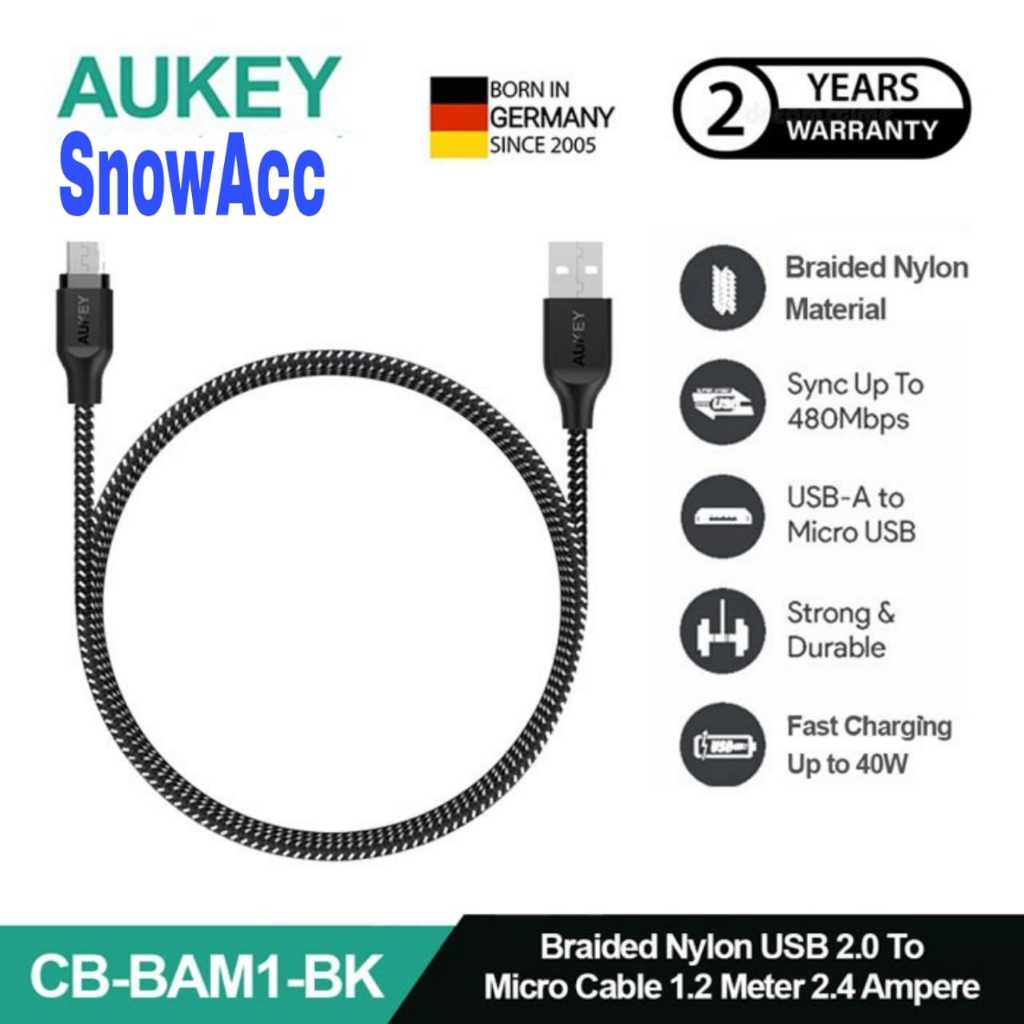AUKEY Kabel Charger Micro Braided Nylon CB-BAM Black 2.4A Kabel Data Micro Usb