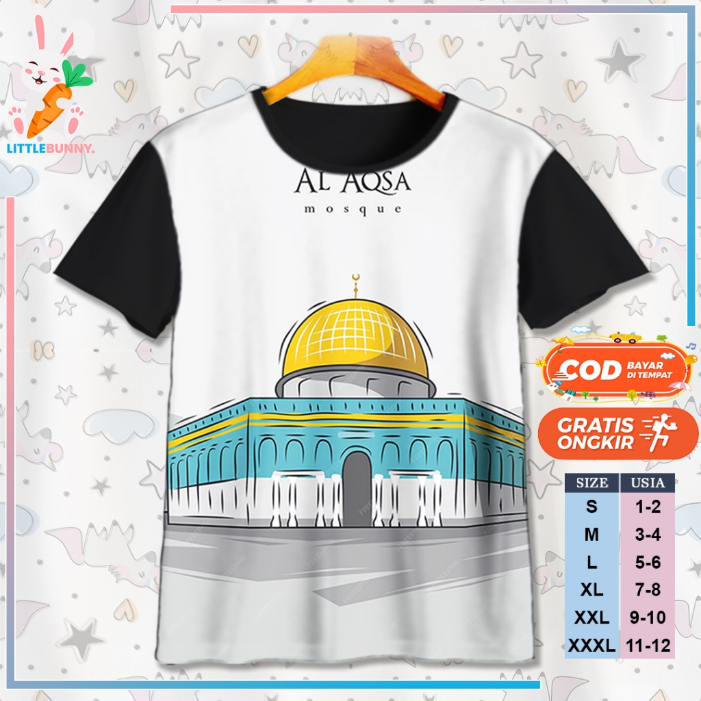 BAJU KAOS ANAK 3D MASJID AL AQSA / KAOS ANAK FREE PLASTINE UMUR 1-12 TAHUN