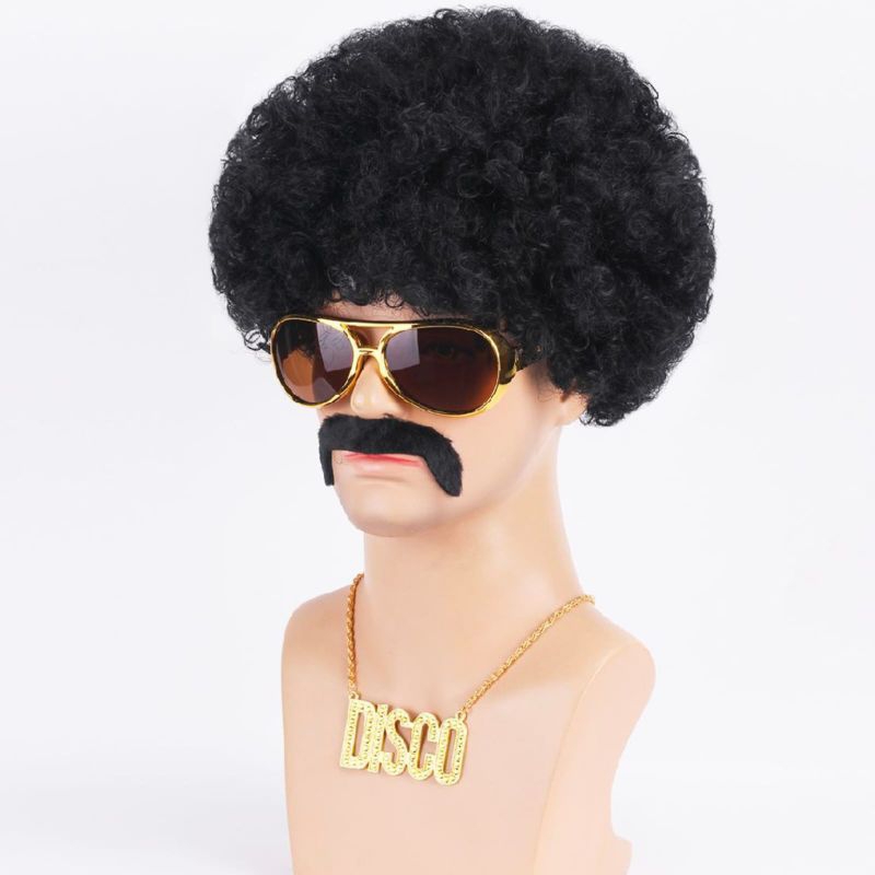 Wig Pria Rambut Kribo Warna Hitam Rambut Palsu Ikal Kribo Brokoli Wig Gaya Artis Roma Irama