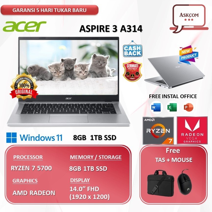 Laptop Acer Aspire 3 A314 RYZEN 7 5700 8GB 1TB SSD W11 14.0FHD