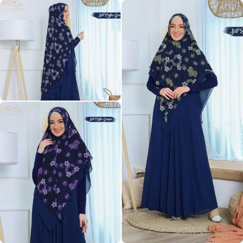 Set Gamis Dress Ceruty Babydoll Syari Branded Prinitng Navy - Grey - Avocado - Grape Mewah Masya Sya