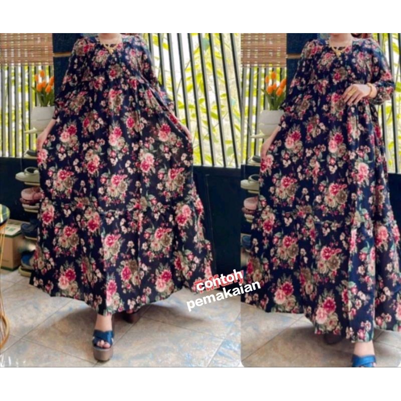 GAMIS WANITA GOZO SMOKE DEPAN KATUN RAYON BUNGA LD 110 CM /long dress premium original by gozo