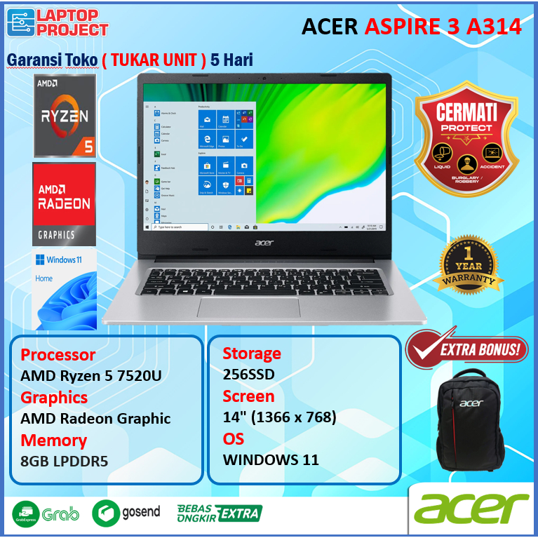Laptop Acer Aspire 3 A314 Ryzen 5 7520 8GB 256GB W11Pre 14.0