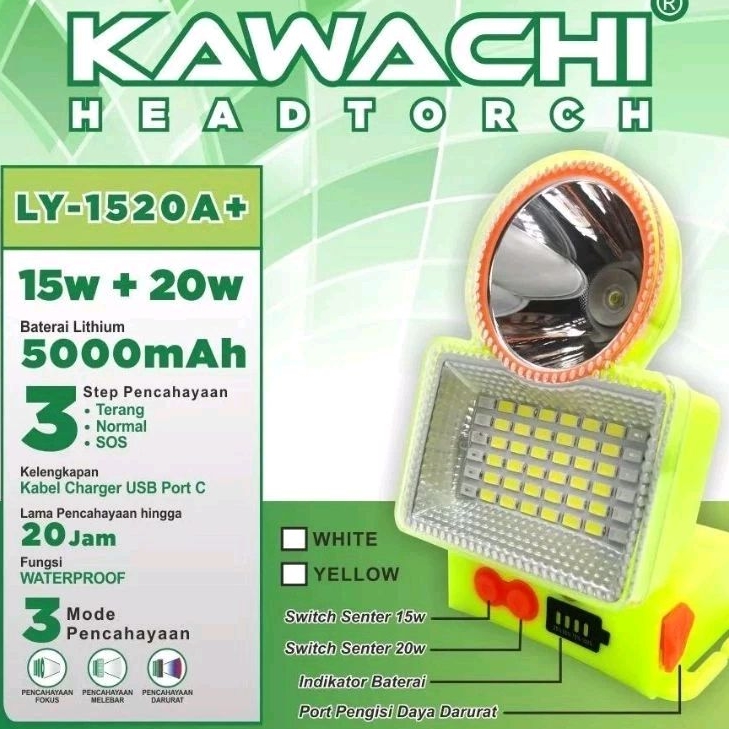 Senter Kepala Kawachi LY-1520A+ Waterproof Tahan Air 10-15Jam SOS  Kabel USB 5000mAH