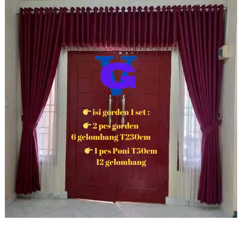 Gorden 1 set ruang tamu model smockring motip polos kain blackout premium tirai jendela dan pintu