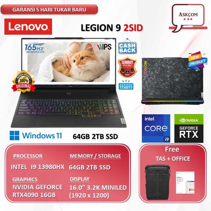 Laptop Gaming Lenovo Legion 9 I9 13980HX RTX4090 16GB | 64GB 2TB SSD W11 OHS21 16.0 3.2K MINILED 165HZ PKRGB 2SID