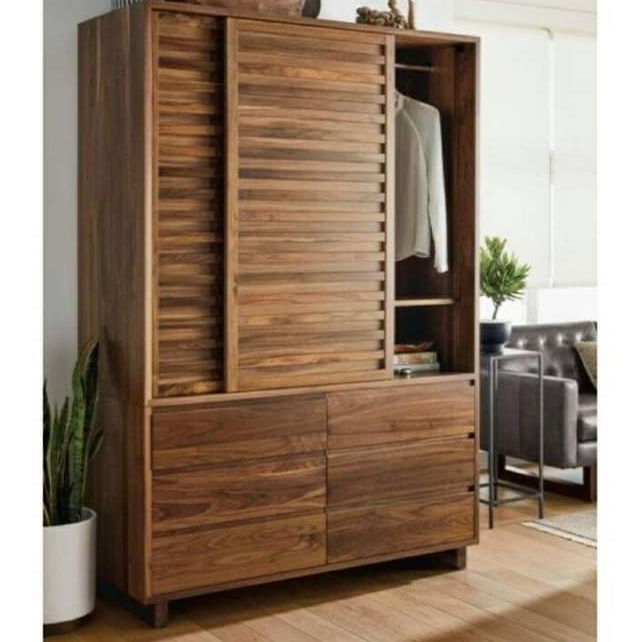 Lemari Pakaian Minimalis Pintu Jumbo Kayu Jati Model Sliding
