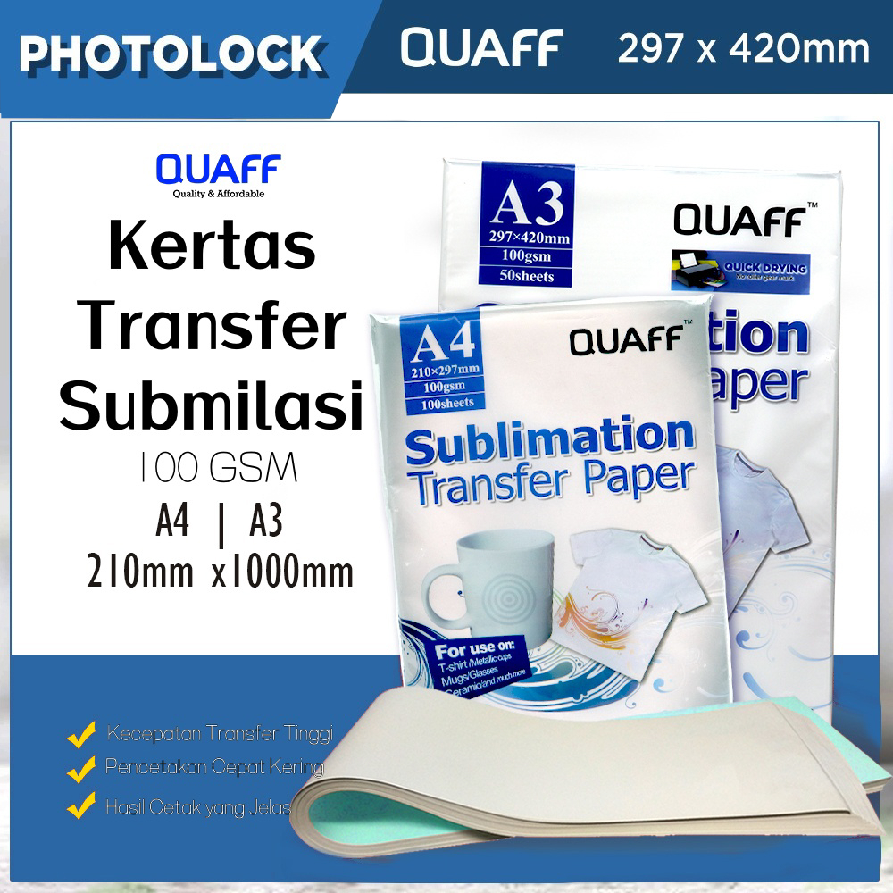 

Kertas Sablon Sublim Transfer Paper A4 | A3 100GSM QUAFF Kertas Transfer Sublimasi A4 100Lembar | A3 50 Lembar