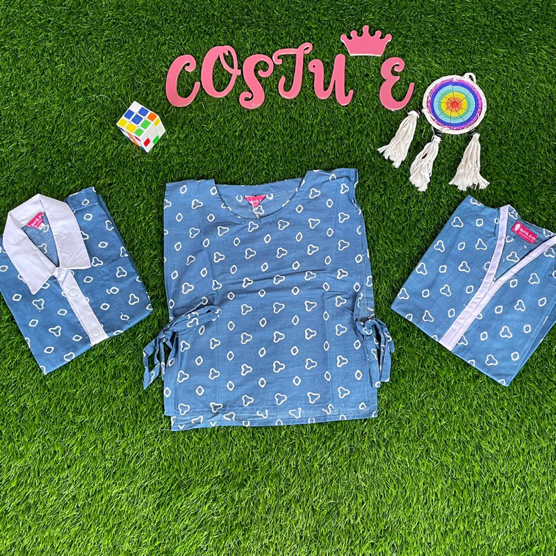 Batik Costume Couple Batik Rama Jumputan Biru Indigo Kemeja Kebaya Blus Outer Vest Batik Anak Cocok 