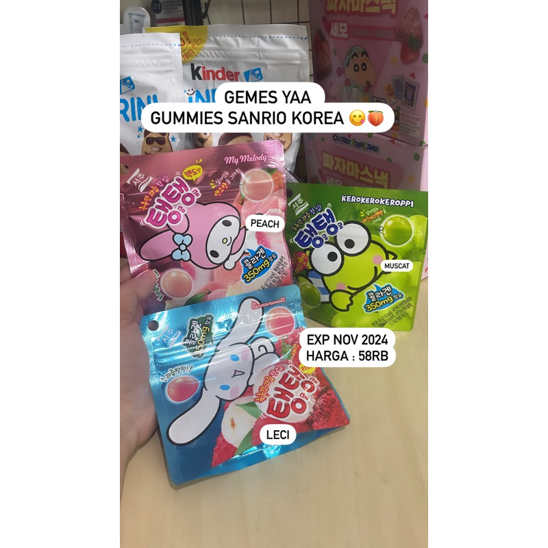 

SANRIO GUMMIES KOREA Permen Import Gummy Melody / Cinamoroll / Keropi / Lychee / Muscat / Peach