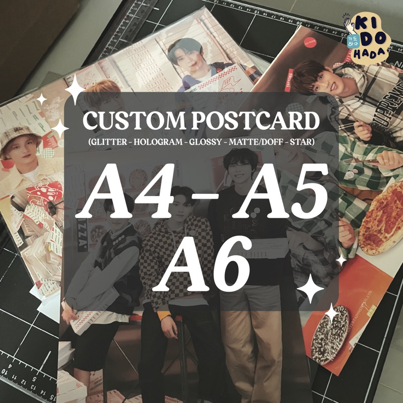 

[CUSTOM] POSTCARD ART PRINT A4 A5 A6 Glitter holo star hologram glossy doff laminasi cetak by request