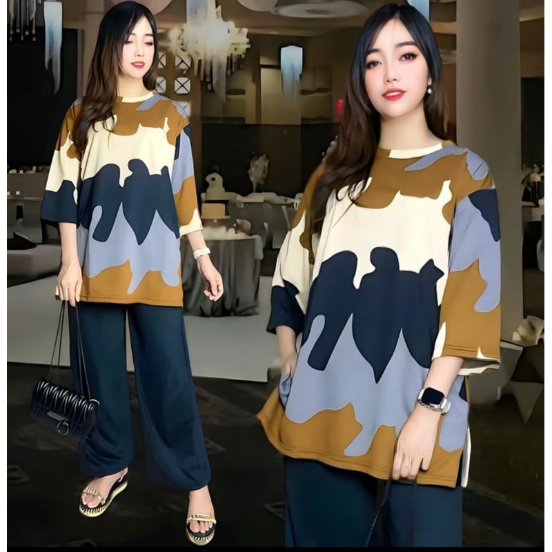 Okeoke_Makassar - Setelan wanita jumbo celana kulot  baju stelan ld sampai 120 ke 140 baju celana mo