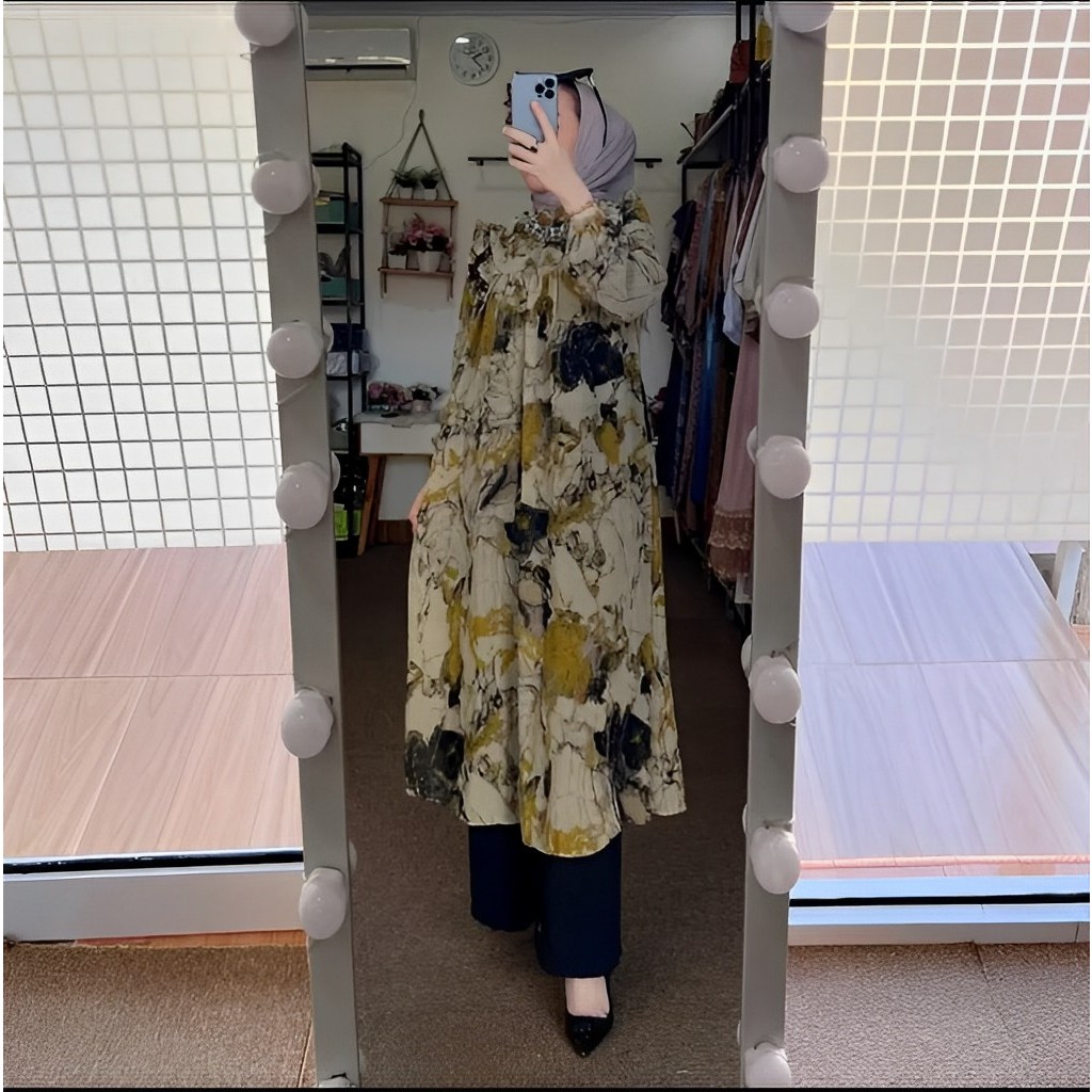 SETELAN TUNIK CERUTY WANITA TERBARU MOTIF BUNGA, SET LONG TUNIK kulot oneset wanita lengan panjang