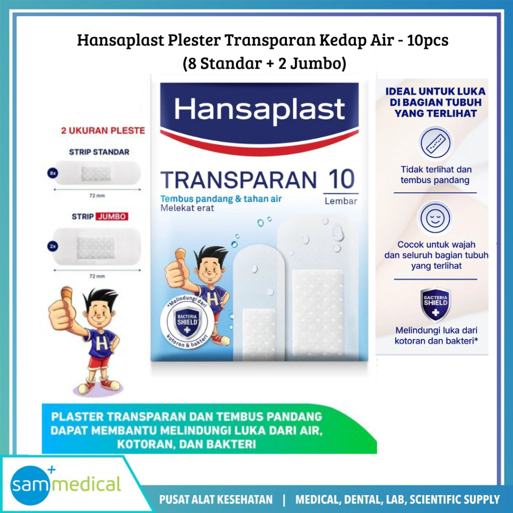 Hansaplast Plester Transparan Kedap Air - 10pcs (8 Standar + 2 Jumbo)