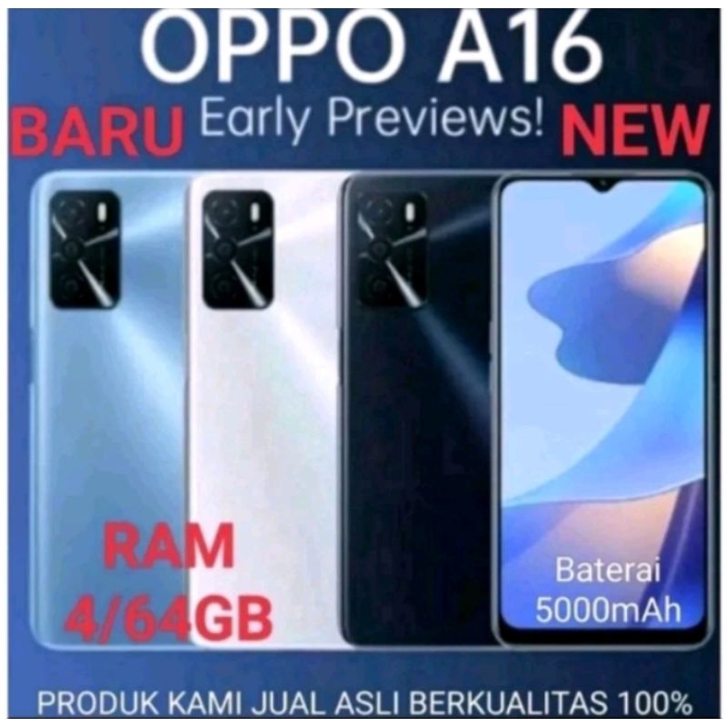 ##OPPO A16 ORI#BARU#MURAH~RAM 6/128GB &amp; 4/64GB [5000mAh+13MP Triple Camera-6,52inci HD+Eye-Care Display] FULLSET GARANSI 1TAHUN