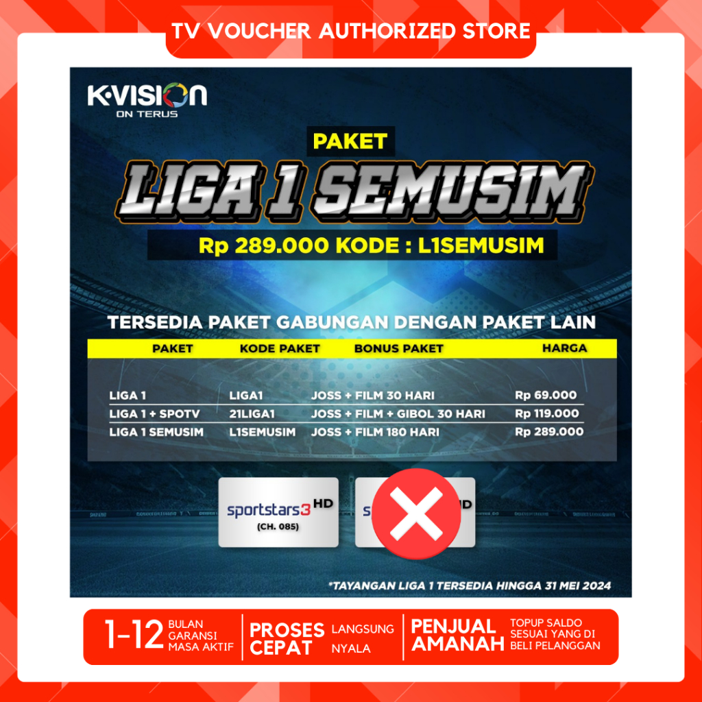 Voucher Paket K-VISION Bundling LIGA 1 Indonesia GIBOL SPOTV Bola BRI LIGA1 Indonesia KVision Semusim