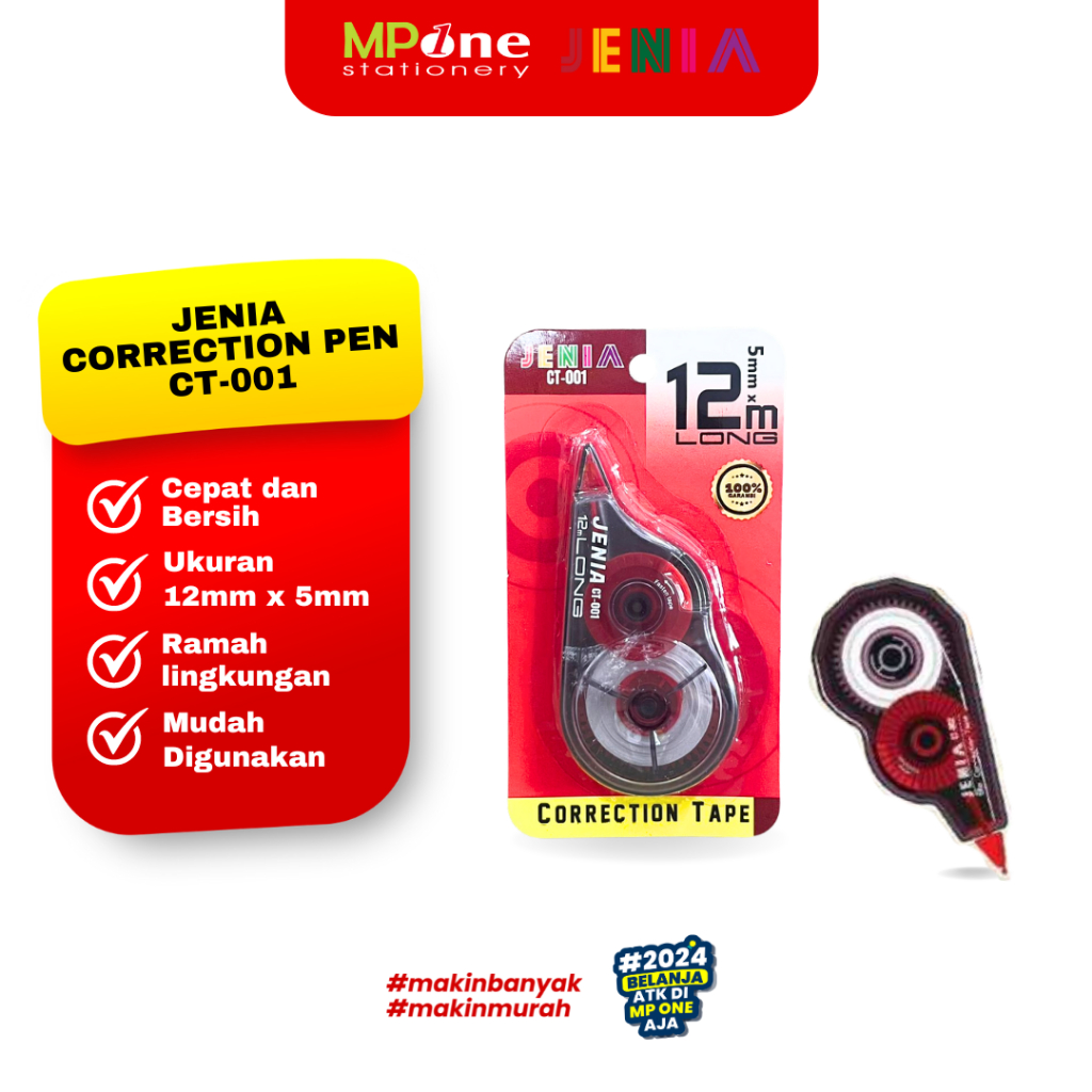 

Jenia Correction Tape 12mm CT-001 / Tipe Ex Kertas Roll 12meter Jenia Tipe X