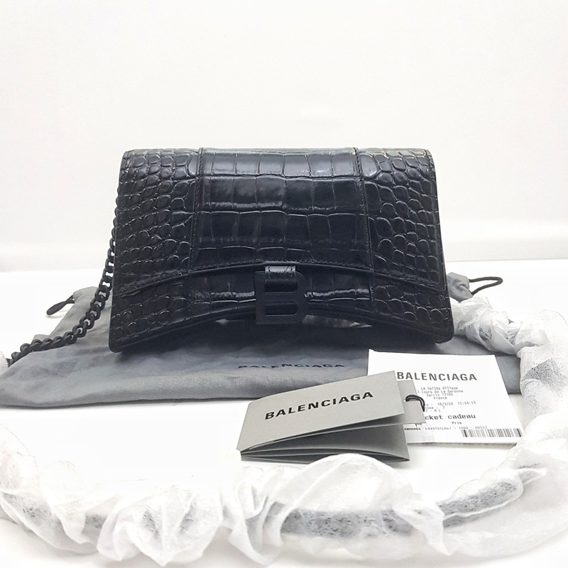 BALENCIAGA Hourglass WOC wallet on chain croco all black MEDIUM