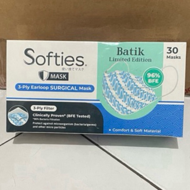 Masker Softies Surgical Batik Polos 3ply Earloop 30 masks - 1 box