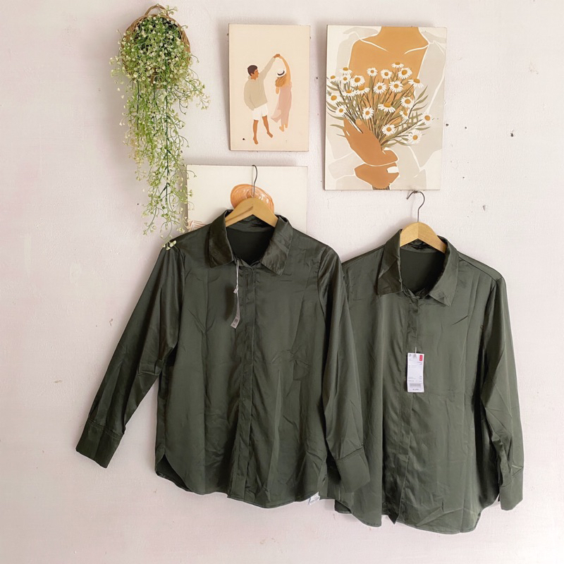 KEMEJA SATIN SILK ARMY / KEMEJA BASIC SATIN SILK WANITA