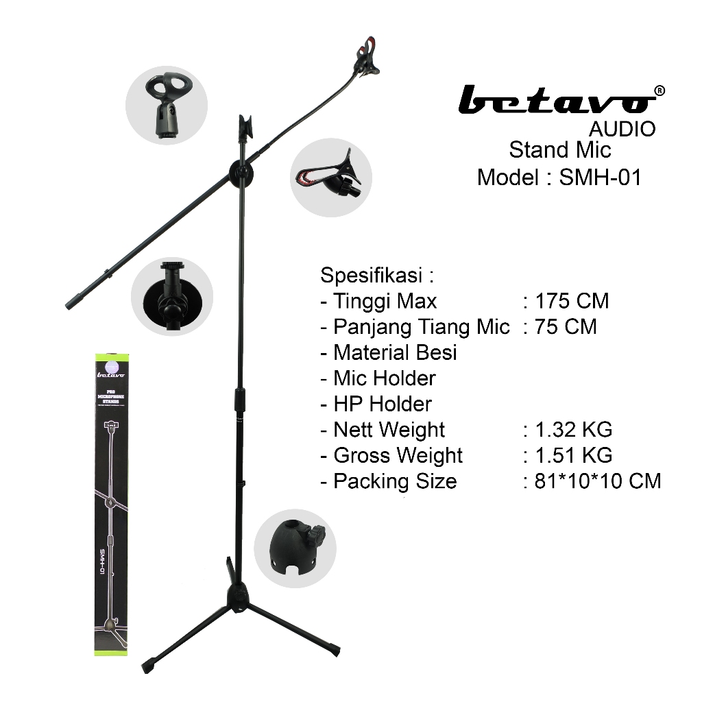 Professional Betavo Audio Stand Mic SMH 01 | Kaki Tiga | Besi | Holder Hp & Mic