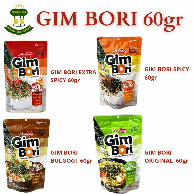 

Mamasuka Gim Bori 60gr Mamasuka Gim Bori Extra Spicy / Extra Pedas 60gr Mamasuka Gim Bori Original 60gr Mamasuka Gim Bori Spicy 60gr Mamasuka Gim Bori Bulgogi 60gr