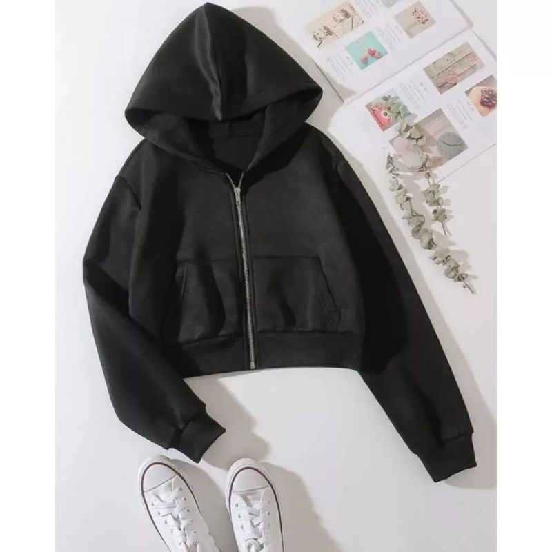 Jaket Hoodie crop wanita kekinian Korean style