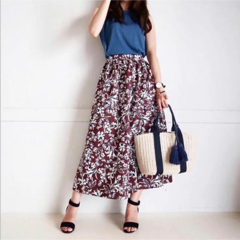 GU FLORAL FLARE SKIRT BROWN