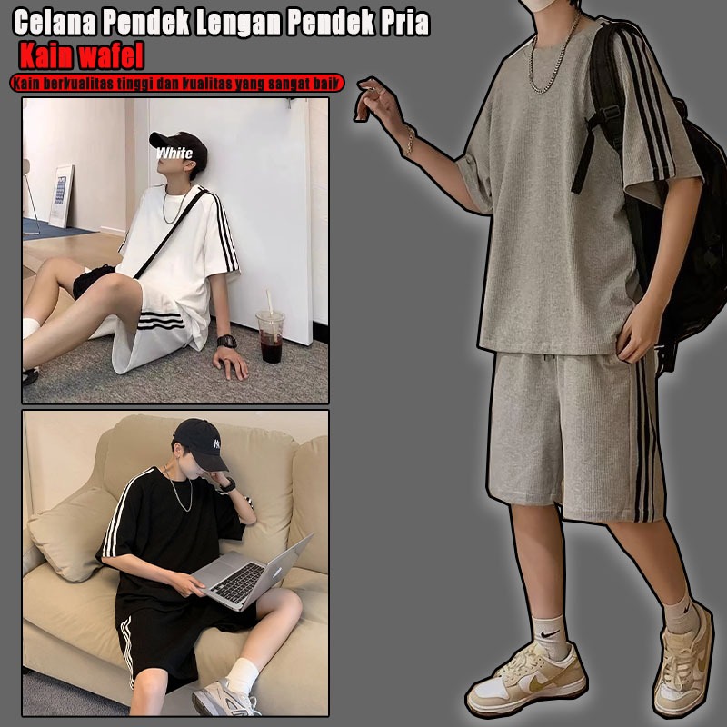 santai kekinian celana casual pendek pria dewasa Kain wafel set kaos lengan pendek dan set celana pa