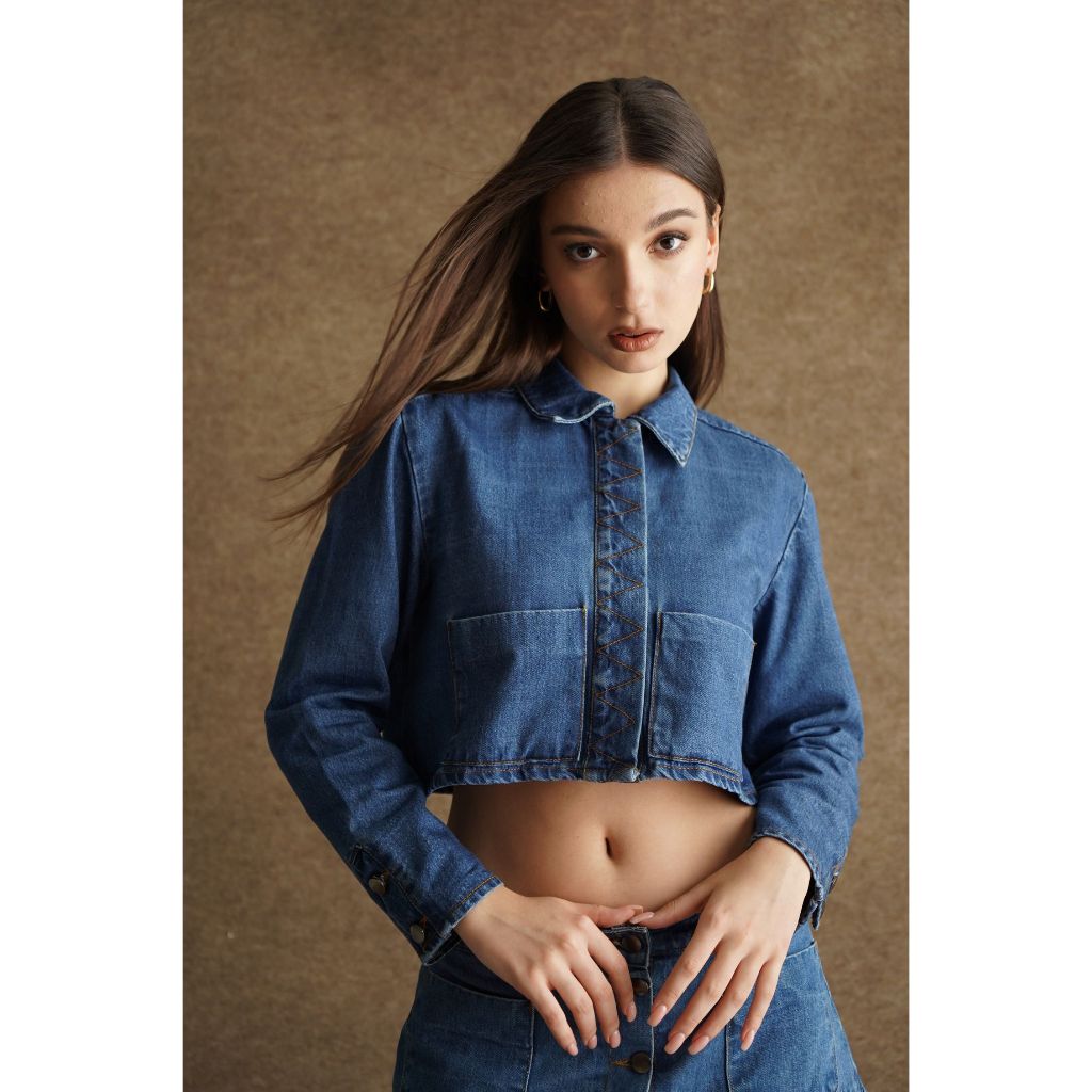 Melvee - Petone Jacket - Denim Line Vol. 2 Collection - Jacket Crop Denim Lengan Panjang Wanita Mode