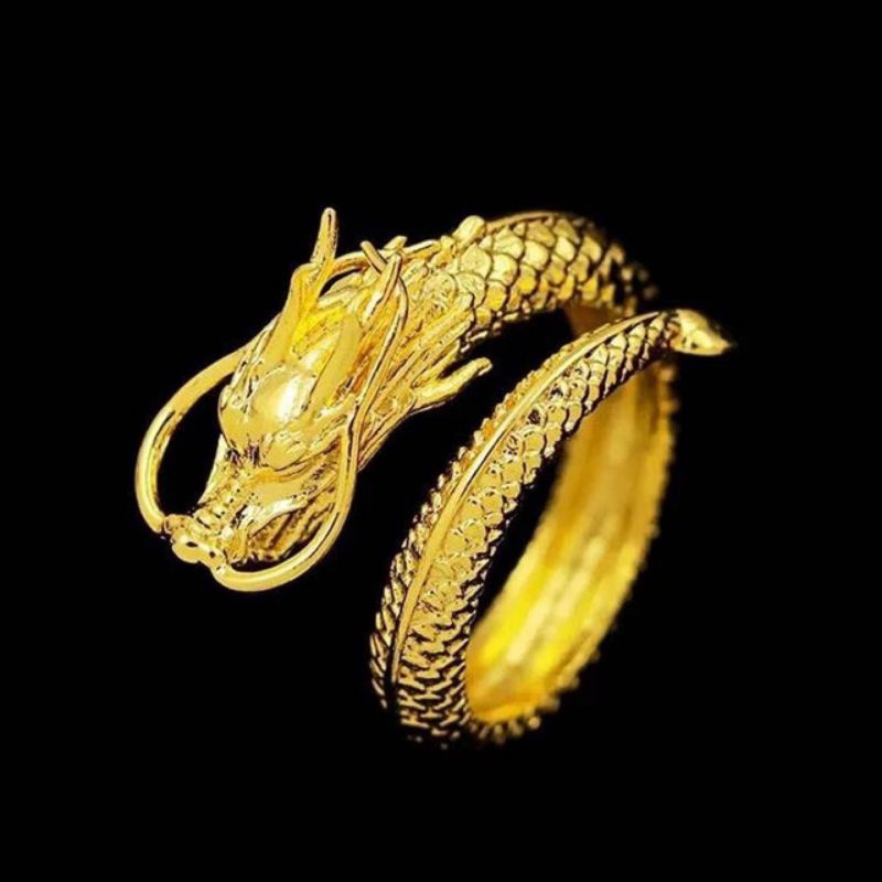 Cincin Pria Naga Emas Retro Vintage Hip Hop Adjustable