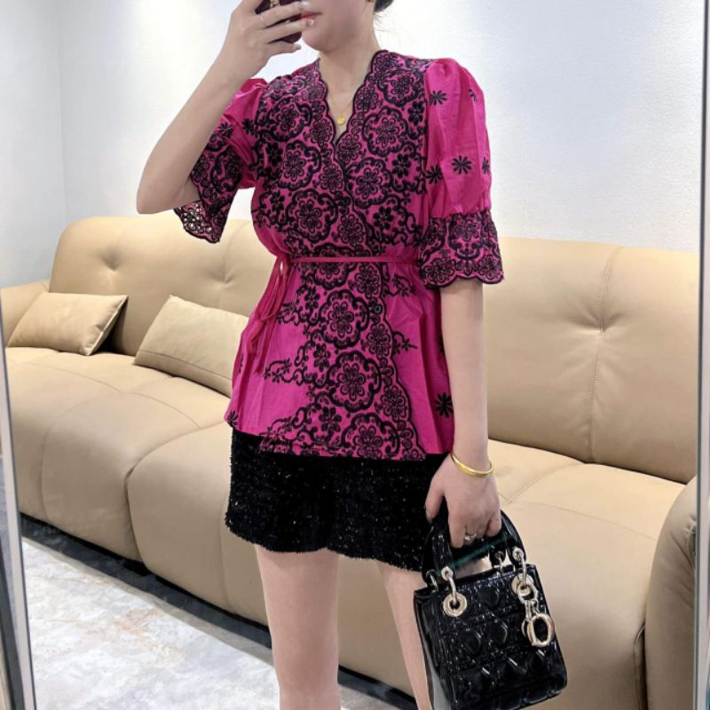 2914 Baju atasan BLOUSE CHIARA EMBROIDERED COTTON WRAP KATBOL TOP VNECK katun bolong bordir Korea Ko