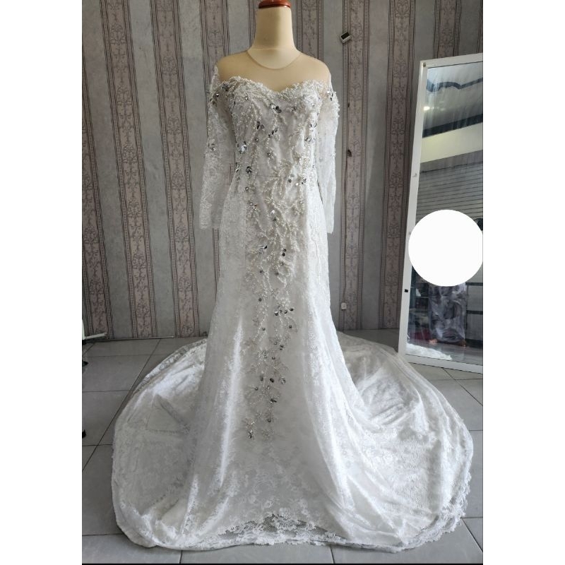 Ready stock Gaun pengantin duyung / dress wedding putih ekor brokat full payet
