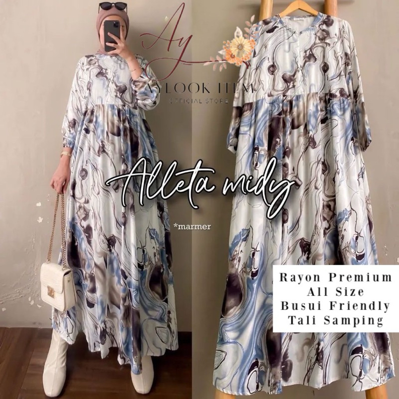 MIDI DRESS WANITA RAYON  / GAMIS RAYON ADEM BUMIL BUSUI FRIENDLY JUMBO-Marmer Biru