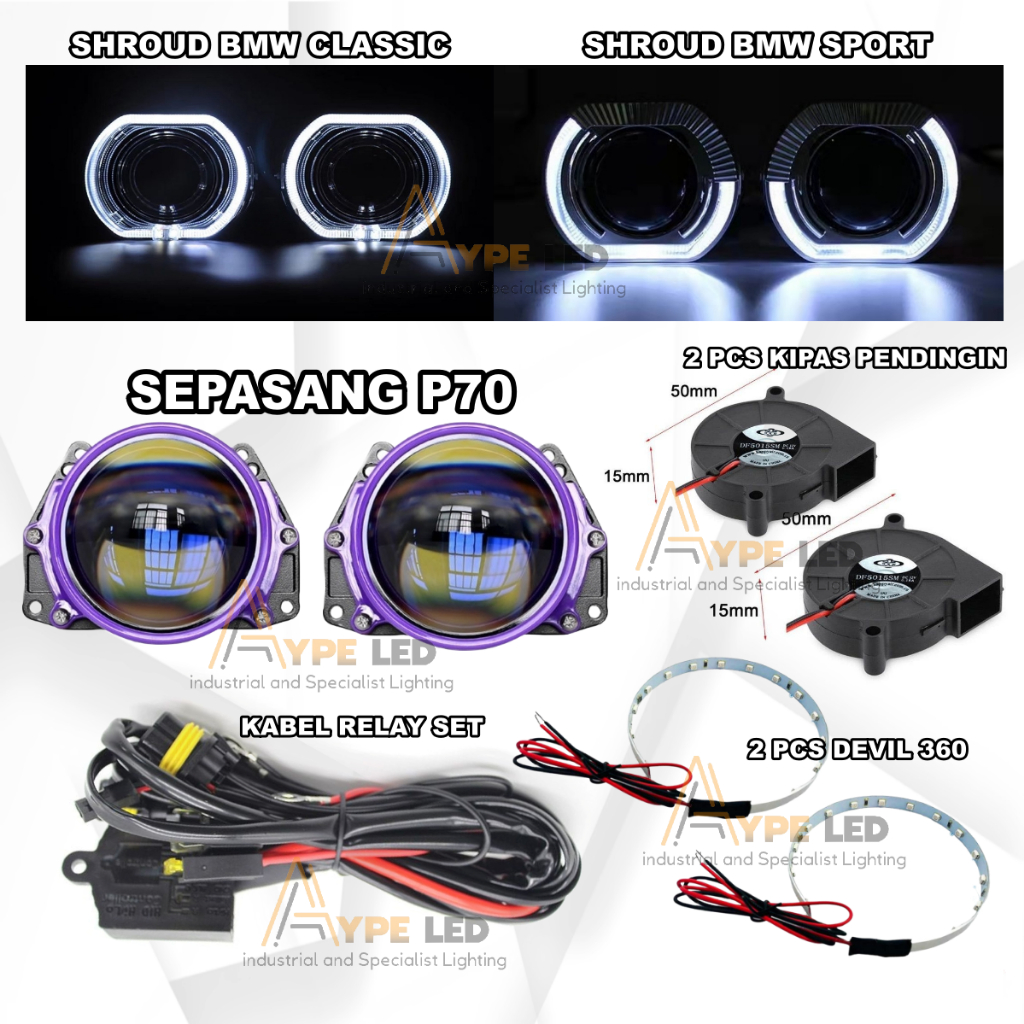 PAKET HEMAT DOUBLE BILED VINYX P70 3 INCHI BLUE PURPLE LENS 70 WATT SET LENGKAP PNP MOTOR MOBIL PROJ