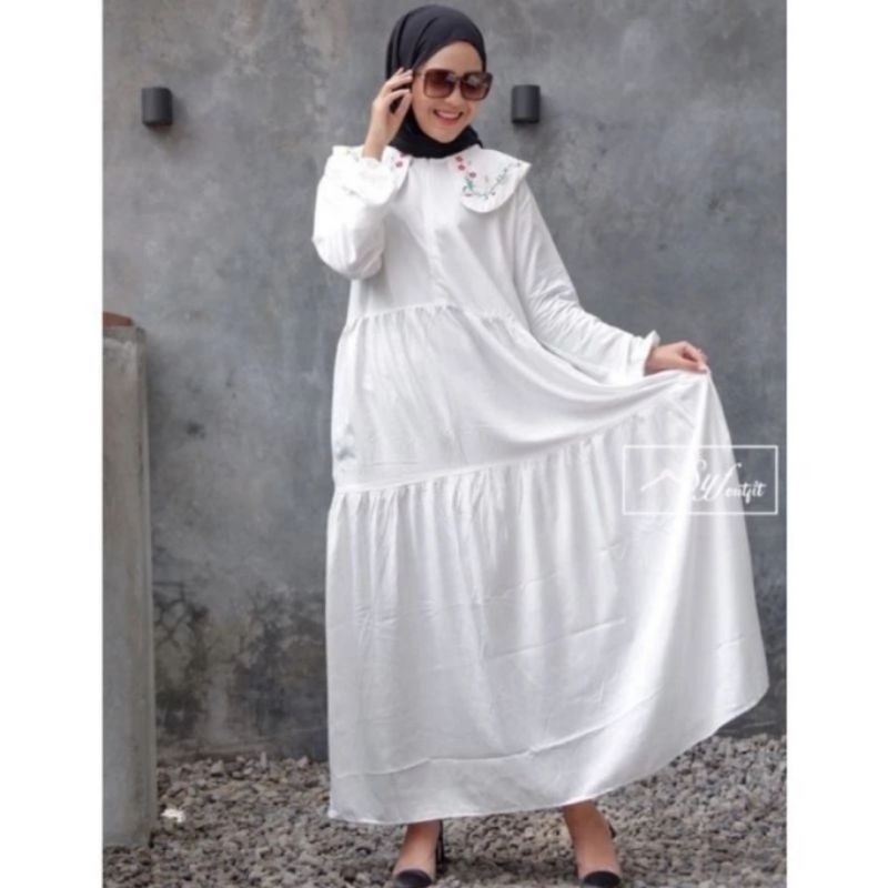 Marita Midi Dress Bordir Putih Gamis Putih Polos Remaja Dewasa Pita Busui Prita Busana Muslim Lebara