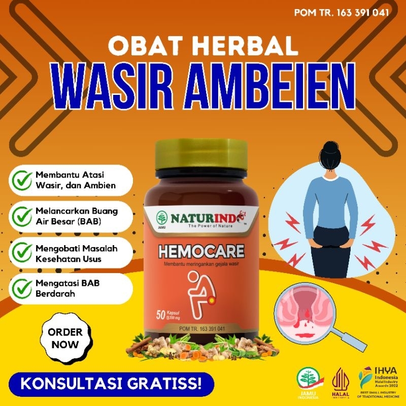 Obat Herbal Wasir Ambeien Ambeyen Hemoroid Stadium 1 - 4 Pelancar BAB HEMOCARE NATURINDO