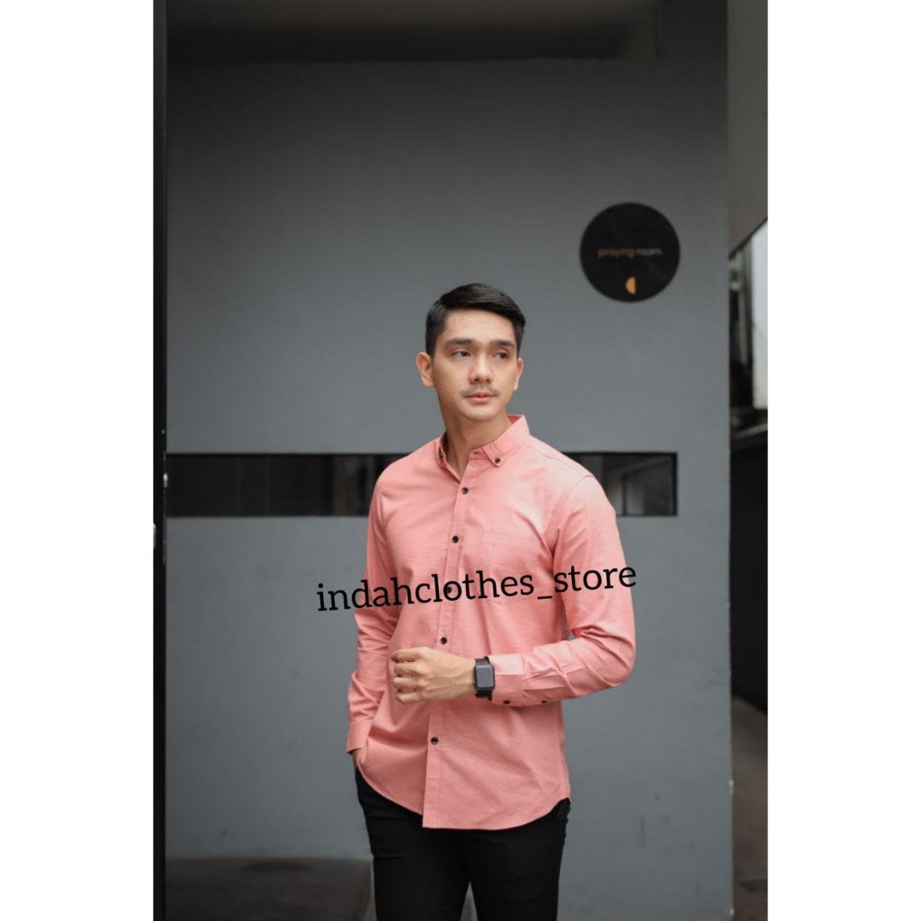 Kemeja Polos Pria Cowok Lengan Panjang Pink HeM Slimfit Casual