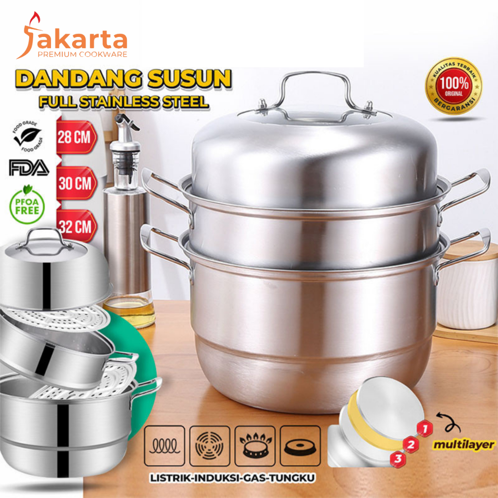 JPC 28CM Panci Steamer 3 Tingkat Kukusan Stainless Steel Panci Multifungsi PeralatanDapur Perlalatan