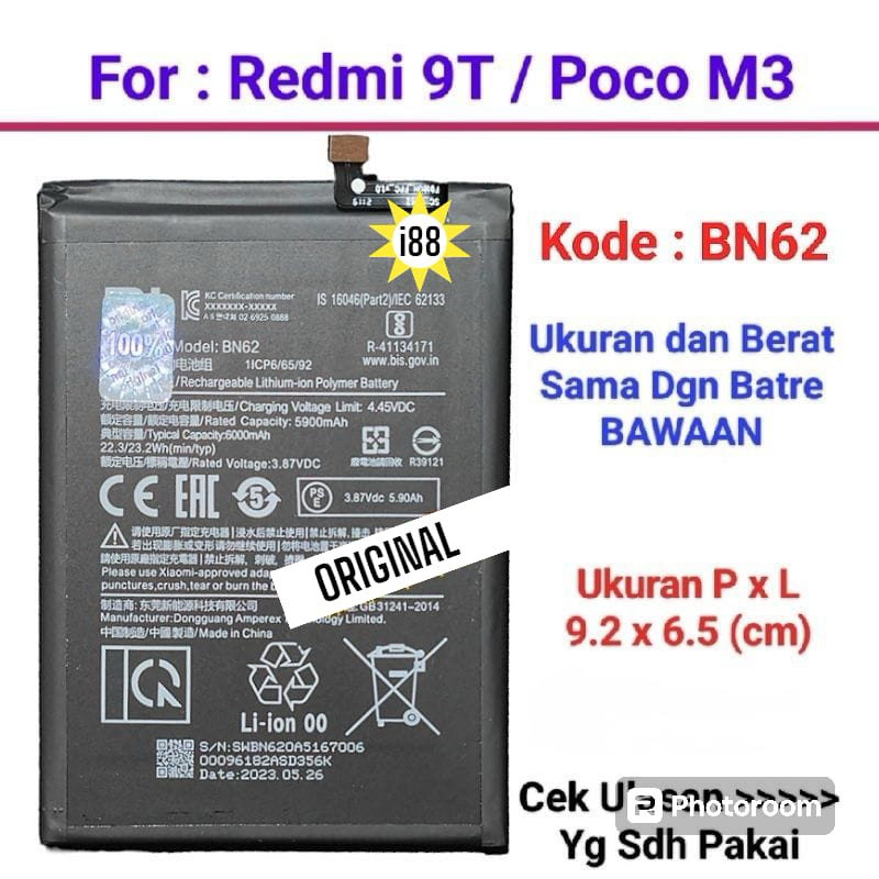 Baterai Xiaomi Redmi 9T Batre Original BN-62 BN62 Batterry Poco M3 BN-62