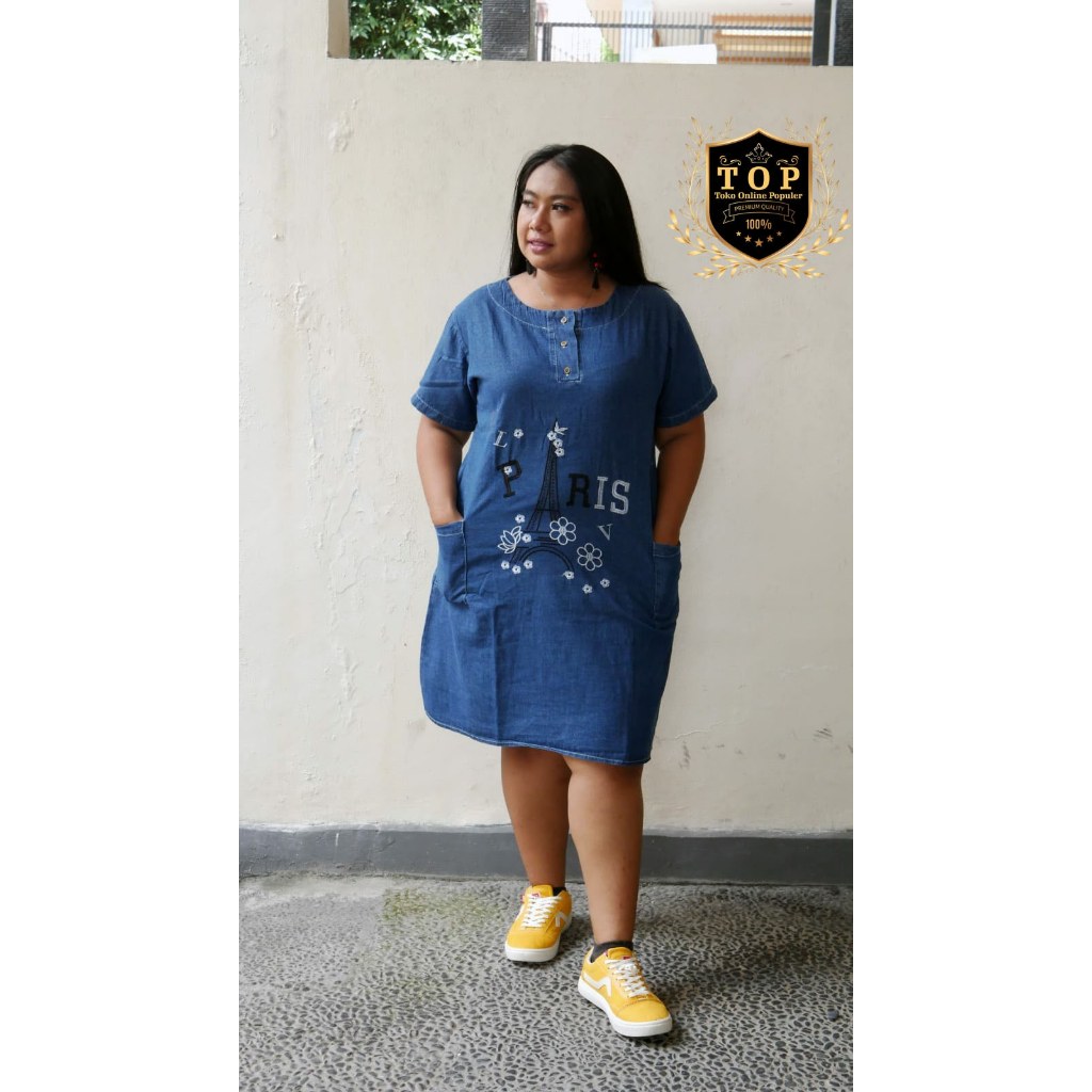 DRESS JEANS JUMBO WANITA TERBARU BANYAK VARIAN GAMBAR BORDIR MUAT BB100KG