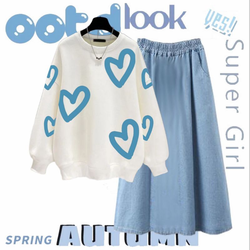 SETELAN SWEATER REMAJA PEREMPUAN LOVE OOTD ROK / CELANA SOFT JEANS